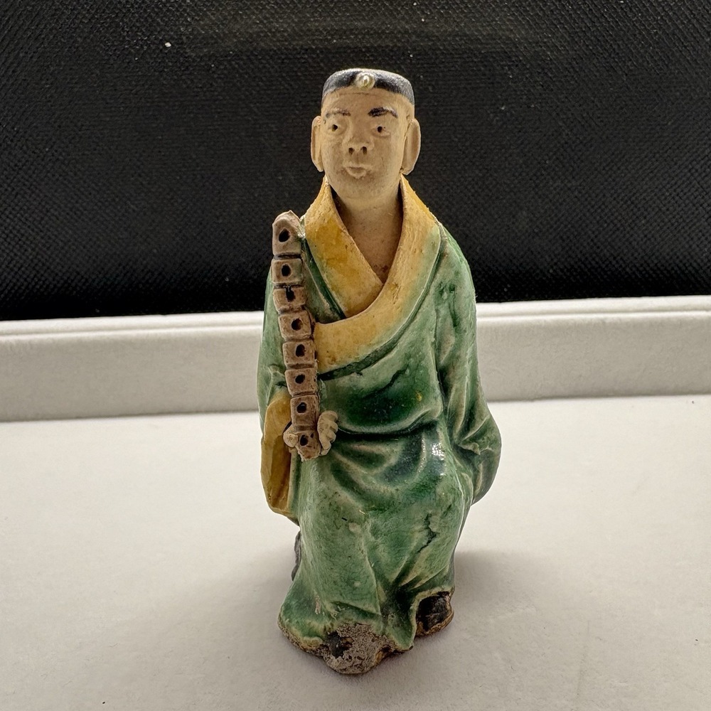 Chinese Mud Man Seated Figure Glazed Pottery Clay With Bamboo Flute